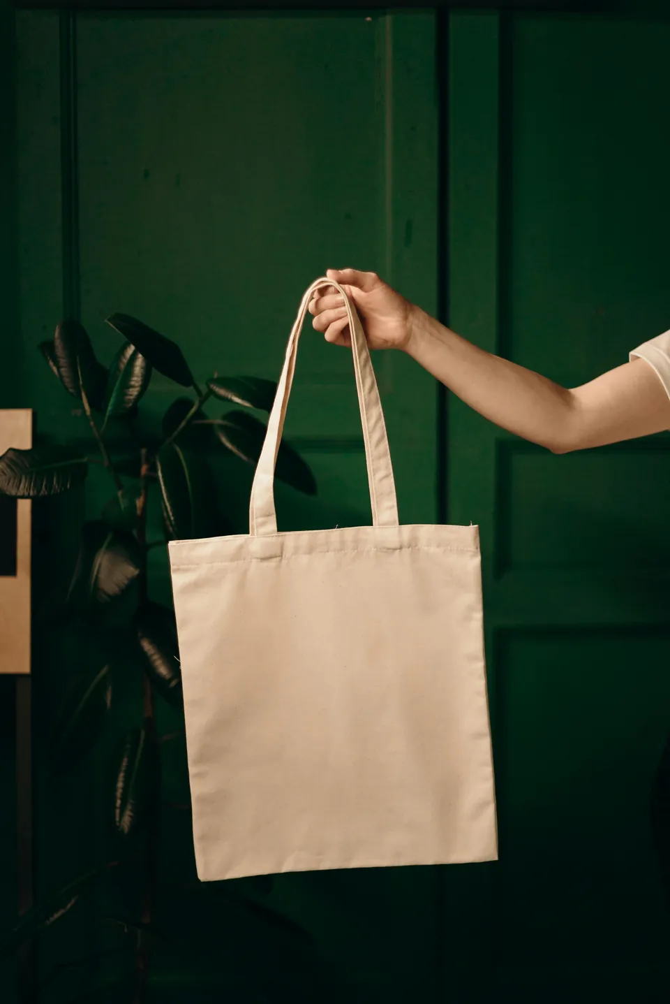 A plain cotton tote held out against a dark green wall